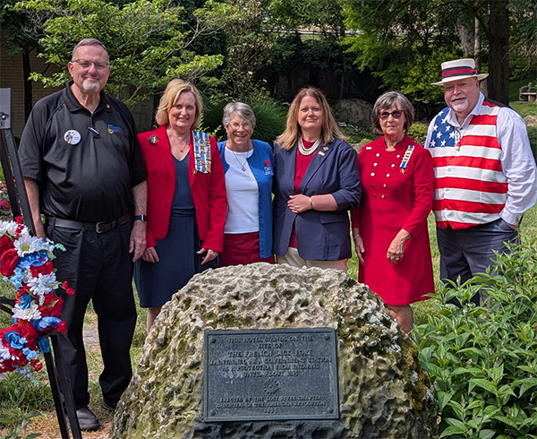 Pictured are those taking part in the rededication ceremonies left to right Robert F. Henderson, Orange County America 250 Chairman, Rebecca Speaker, Southern Director, Indiana D.A.R., Lost River D.A.R. members Bryan Fleenor, Lora Sanders, Lila Tucker, Regent, Lost River D.A.R. and Jeff Lane, Orange County Historian. Pictured are those taking part in the rededication ceremonies left to right Robert F. Henderson, Orange County America 250 Chairman, Rebecca Speaker, Southern Director, Indiana D.A.R., Lost River D.A.R. members Bryan Fleenor, Lora Sanders, Lila Tucker, Regent, Lost River D.A.R. and Jeff Lane, Orange County Historian.